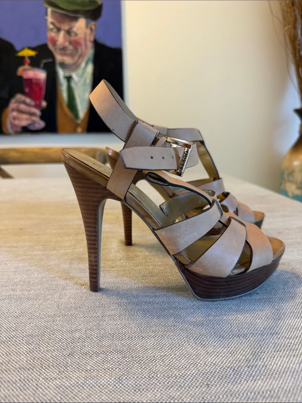 Guess Nude Tan Strappy Platform High Heel Sandal